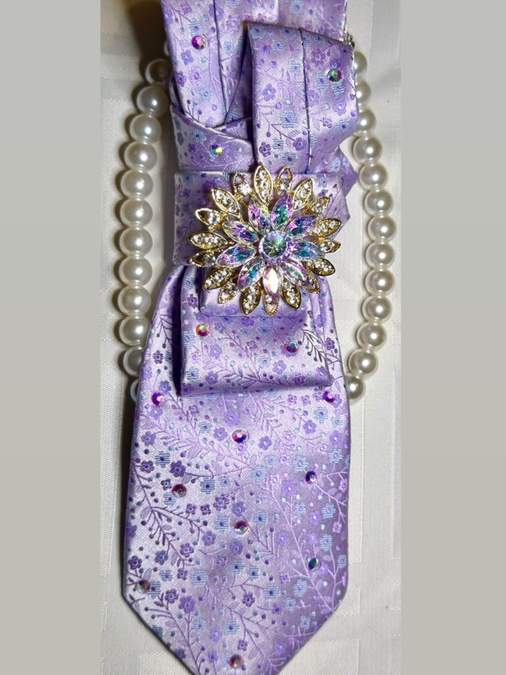 Lavender Floral Silk Tie Necklace with Crystal Brooch